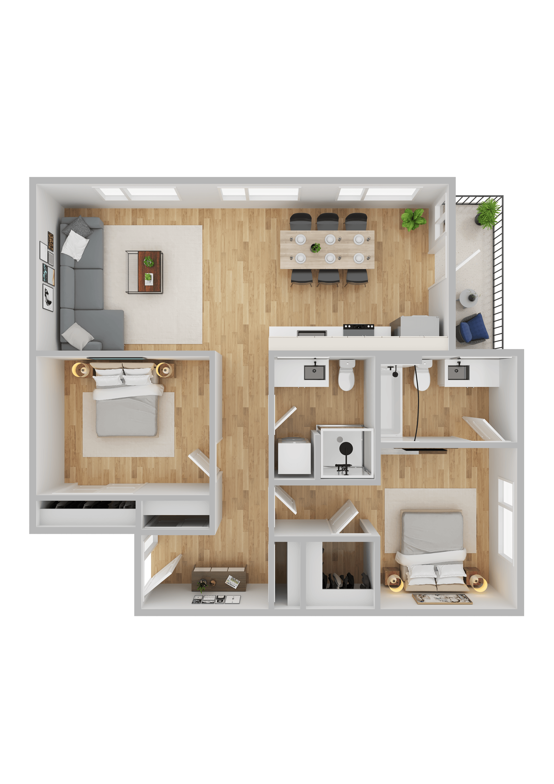 Floor plan for 2 beds, 2 baths, 1037 sqft